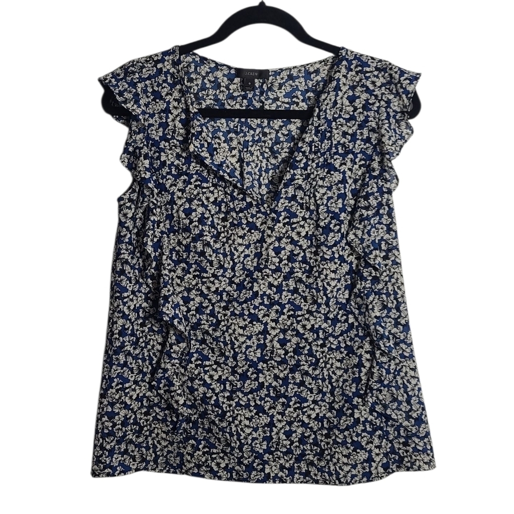 J. CREW Cascade Ruffle Navy and White Floral Blouse With Keyhole Size 0 - Picture 1 of 16